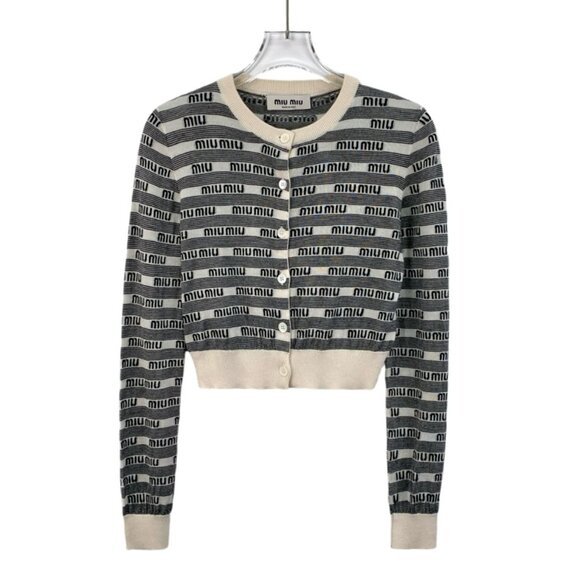 Miu Miu Womens Black & White Logo Print Cashmere Blend Cardigan Sweater Size 38 - Picture 1 of 8